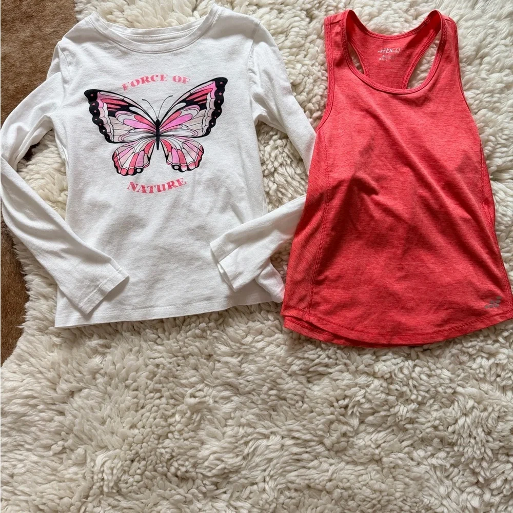 GAP White and Pink Butterfly Long Sleeve Shirt with Coral Tank Top